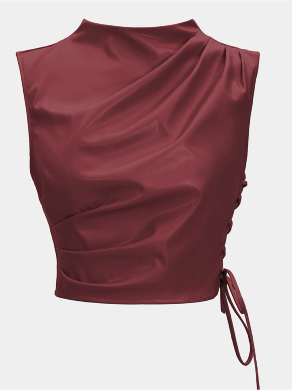 Sleeveless Faux-Leather Lace-Up Crop Top in Burgundy